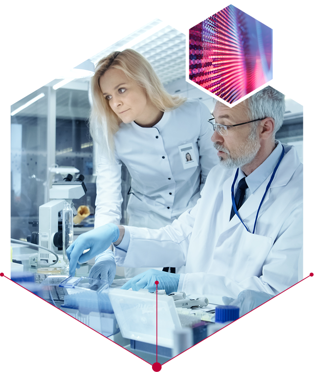 Scientists in laboratory researching LED therapy technology